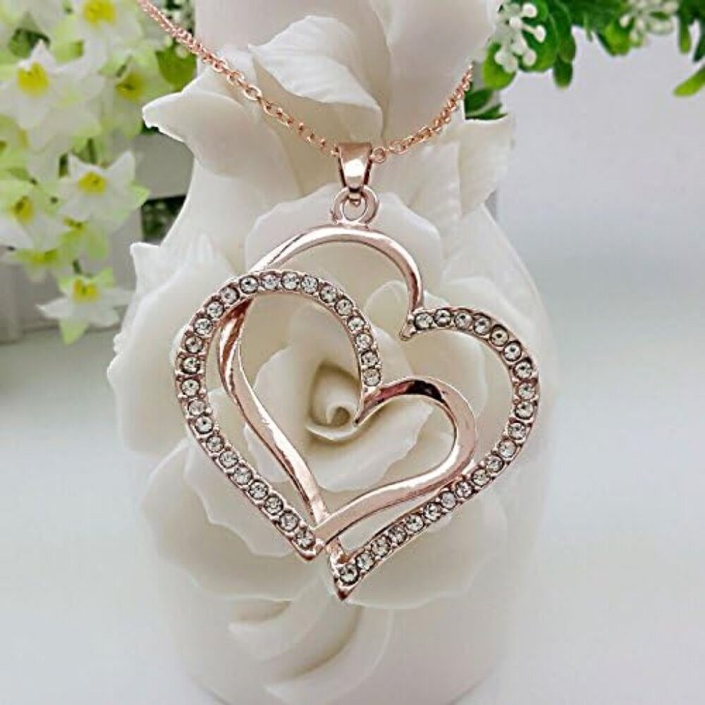 14K Rose Gold Silver Double Heart Shaped Necklace Shiny Crystal Stud Earrings We - Picture 2 of 2